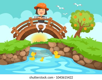 Illustration of a girl sitting on wooden bridge in nature landscape vector