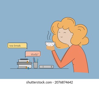 Illustration of a girl sitting at a table with books and drinking tea. Tea break.
