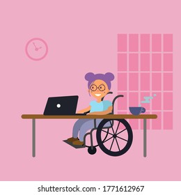 An illustration of a girl sitting in a wheelchair neer the window with her laptop and a cup of tee. Pink background. Student or freelancer.