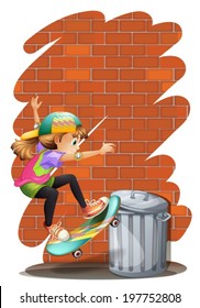 Illustration of a girl skateboarding near the trashcan on a white background