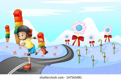 Illustration of a girl skating at the road