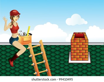 Illustration of a girl in the sky, which is repairing the roof