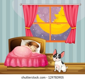 Illustration of a girl sleeping in her room with a dog