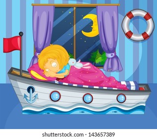 Illustration of a girl sleeping on her boat-like bed