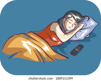 Illustration of a Girl Sleeping on Her Side with the Television Remote Control and the Screen Still On