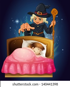 Illustration of a girl sleeping with a witch at the back