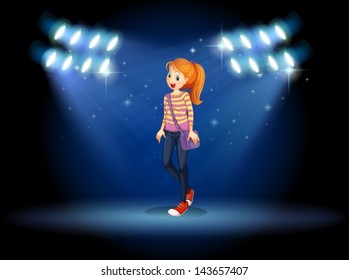 Illustration of a girl with a slingbag in the middle of the stage