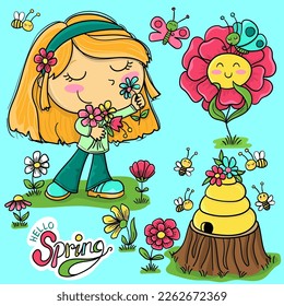 Illustration of a girl smelling flowers, a honeycomb and a flower with a butterfly, celebrating the arrival of spring, vector illustration
