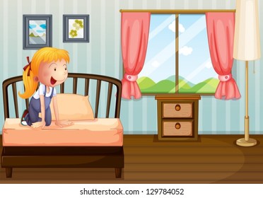 Ilustración de una chica sonriendo en su habitación