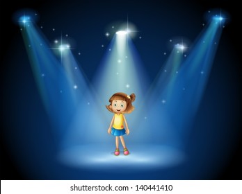 Illustration of a girl smiling in the middle of the stage under the spotlights