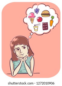 Illustration of a Girl Smiling and Thinking about Food from Ice Cream to Carrot to Burger