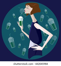 Illustration of girl with smoothie. Menu element for cafe or restaurant with energetic fresh drink made in flat style.