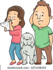 Illustration of a Girl Sneezing when Standing Next to the Pet Dog of Her Partner