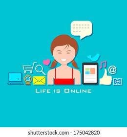 illustration of girl with social media icon in flat style