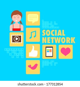 illustration of girl with social media icon in flat style