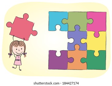 Illustration of girl solving puzzle - chalk drawing