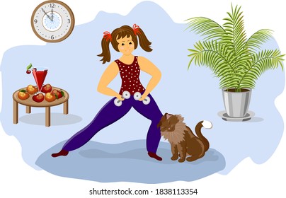 Illustration with a girl in sports exercises.The girl goes in for sports in the home interior.