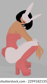 Illustration of a girl with a square in a bunny costume. A young and beautiful lady in a swimsuit, tights, high-heeled shoes and a bunny mask. Design for avatars, posters, backgrounds, templates.