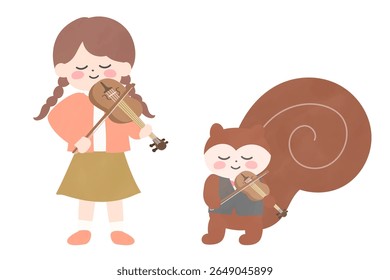 Illustration of a girl and a squirrel playing the violin side by side
