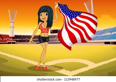 illustration of a girl in a stadium showing flag