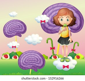 Illustration of a girl standing above a cloud while eating an icecream