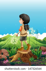 Illustration of a girl standing above a stump 