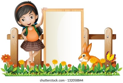Illustration of a girl standing beside an empty frame with a bunny on a white background