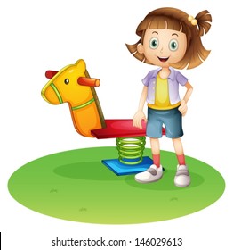 Illustration of a girl standing beside a horse spring toy on a white background 