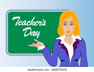Illustration of a girl standing at the blackboard on which Teachers Day is written