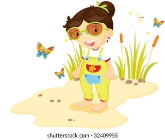 illustration of girl standing and butterflies