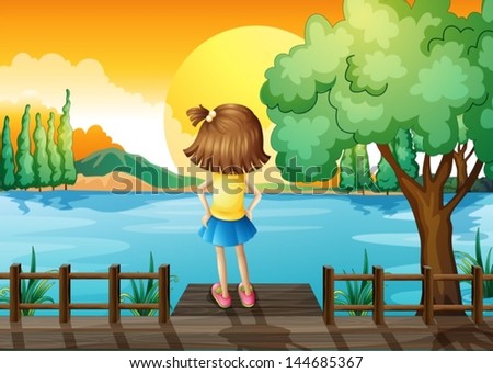 Illustration of a girl standing facing at the river