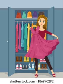 Illustration of a Girl Standing in Front of a Closet Holding a Pink Glittery Dress