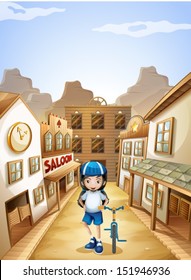 Illustration of a girl standing in the middle of the saloon bars with her bike