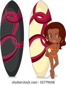 Illustration of A Girl Standing Near Surfing Pads on white background