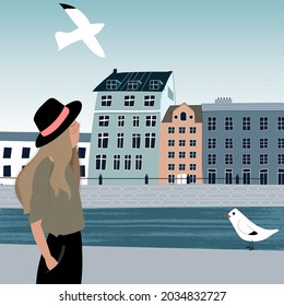 illustration a girl is standing on the embankment in the city. urban landscape. at home.gulls over the water