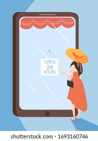 Illustration of a Girl Standing Outside Looking Into a Mobile Screen Shopping Door with Open 24 Hours Notice