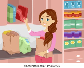 Illustration of a Girl Stocking Her Pantry with Fresh Supplies