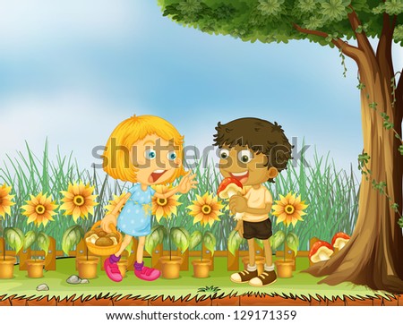 Image, Stock Photo little boy picks flowers in the garden