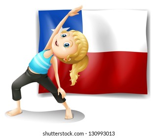Illustration of a girl stretching in front of a flag on a white background