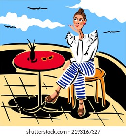 Ilustración de una muchacha con pantalones a rayas y una blusa blanca sentada en una mesa en la terraza. Brillante impresión de verano.