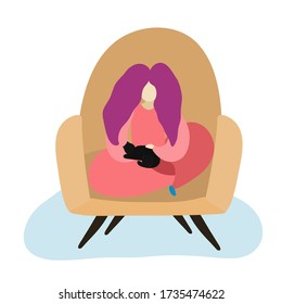 Illustration of a girl stroking a black cat sitting in a chair, spending time at home concept, vector illustration on a flat style