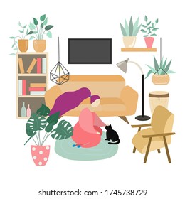 Illustration of a girl stroking a black cat, room is furnished with comfortable furniture and plants; spending time at home concept, vector illustration on a flat style