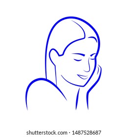 Illustration of a girl stroking her face in blue lines and white background