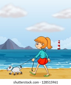 Illustration of a girl strolling at the beach with a puppy