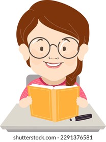 Illustration of Girl Student with Dwarfism Holding and Reading a Book on Her Desk