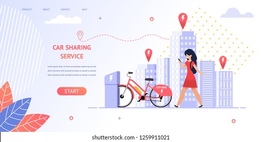 Illustration Girl Student Rent an Electric Bike. Banner Vector Young Girl Uses Mobile Application Car Sharing Service. Coming Location Parking Bike Standing on Charge. Transport Travel in City