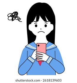 Illustration of a girl student in trouble looking at her smartphone