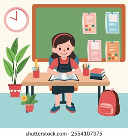 illustration of a girl studying happily in the classroom