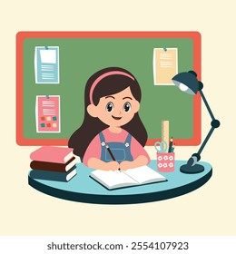 illustration of a girl studying happily in the classroom