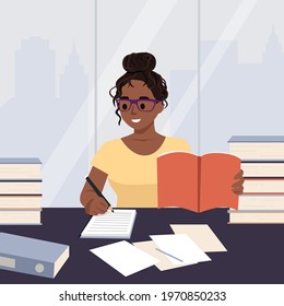 An illustration girl studying at her desk. hand drawn style vector design illustrations. Writing ideas